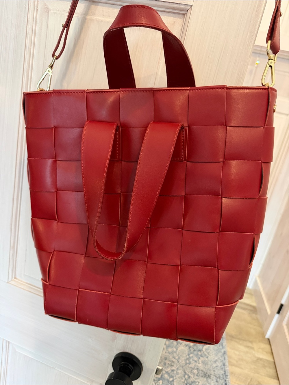 Italian Leather Woven Red Tote Bag with Top Handles